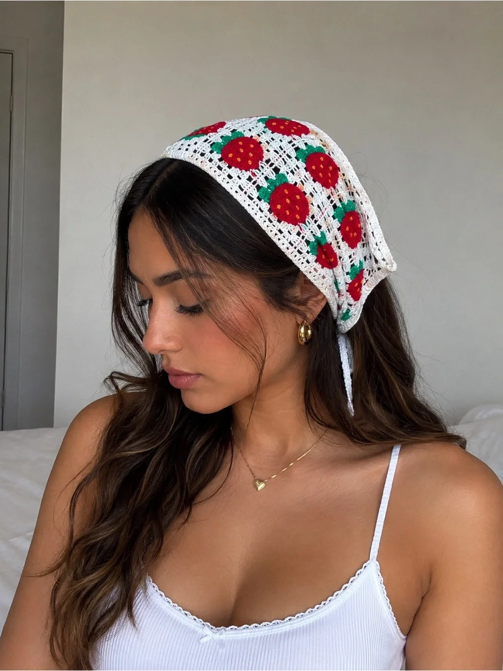 Othr Crochet Strawberry Headscarf in White, Red & Green